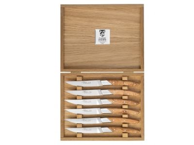 Set cutite friptura Claude Dozorme Classic Le Thiers Art Deco cu maner din lemn ienupar, 6 piese, bolster inox, cutie lemn stejar