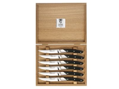 Set cutite friptura Claude Dozorme Classic Le Thiers Art Deco cu maner din lemn abanos, 6 piese, bolster inox, cutie lemn stejar