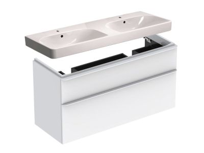Set mobilier Geberit Smyle Square cu dulap baza cu doua sertare, alb lucios si lavoar dublu 120cm