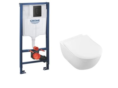 Set complet vas wc suspendat Villeroy & Boch Subway 2.0 DirectFlush CeramicPlus cu capac slim cu inchidere lenta si rezervor incastrat cu cadru Grohe Solido 3-in-1 si clapeta Even matt black
