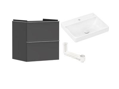 Set mobilier Hansgrohe Xelu Q cu lavoar 60x48cm, SmartClean, alb si dulap cu 2 sertare, 58cm, gri diamant mat, manere crom