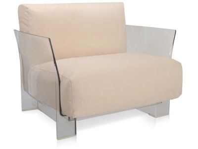 Fotoliu exterior Kartell Pop Outdoor design Piero Lissoni & Carlo Tamborini, cadru transparent, perne Sunbrella dove