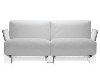 Canapea Kartell Pop Outdoor cu doua locuri, design Piero Lissoni & Carlo Tamborini, cadru transparent, perne Ikon White