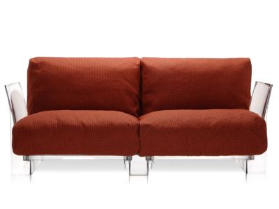 Canapea Kartell Pop Outdoor cu doua locuri, design Piero Lissoni & Carlo Tamborini, cadru transparent, perne Ikon Arancio