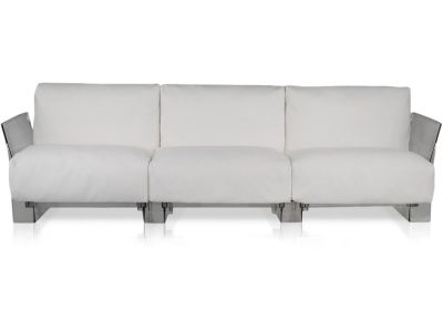 Canapea exterior Kartell Pop Outdoor design Piero Lissoni & Carlo Tamborini, 3 locuri, cadru transparent, perne Sunbrella alb