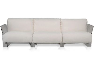 Canapea exterior Kartell Pop Outdoor design Piero Lissoni & Carlo Tamborini, 3 locuri, cadru transparent, perne Sunbrella ecru