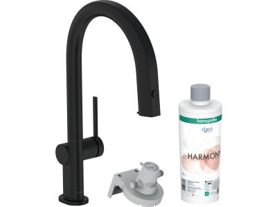 Baterie bucatarie Hansgrohe Aqittura M91 210 cu 3 cai si sistem filtrare, dus extractibil 1 jet si sBox, negru mat