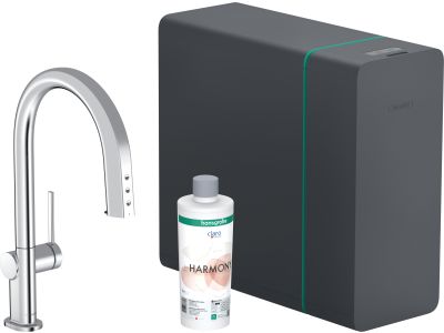 Baterie bucatarie Hansgrohe Aqittura M91 cu pipa extractibila, sistem de filtrare SodaSystem 210, crom