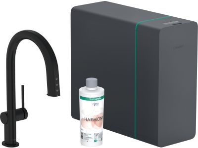 Baterie bucatarie Hansgrohe Aqittura M91 cu pipa extractibila, sistem de filtrare SodaSystem 210, negru mat