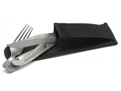 Set Claude Dozorme Laguiole Liner cutit + furculita pliabile, 2 piese, inox, husa piele neagra