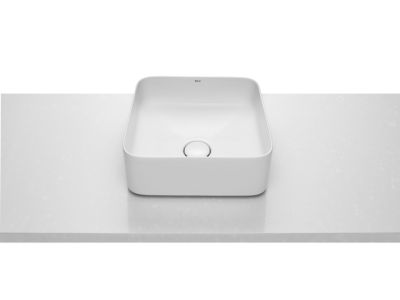 Lavoar tip bol Roca Inspira Square 370x370mm, fara orificiu baterie, fara preaplin, montare pe blat, alb