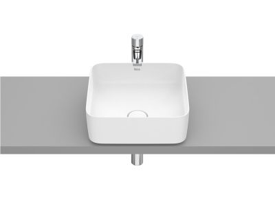Lavoar tip bol Roca Inspira Square 370x370mm, fara orificiu baterie, fara preaplin, montare pe blat, alb mat