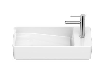 Lavoar asimetric Roca Tura Compact 55x27.5cm, orientare dreapta, fara orificiu preaplin, alb