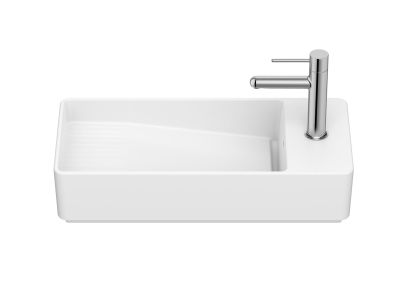 Lavoar asimetric Roca Tura Compact 55x27.5cm, orientare dreapta, fara orificiu preaplin, alb mat