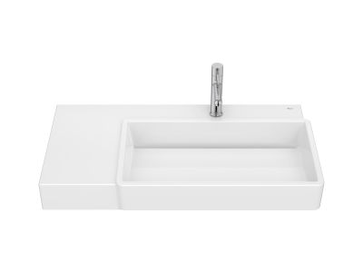 Lavoar asimetric Roca Tura 80x43cm, orientare dreapta, fara orificiu preaplin, alb