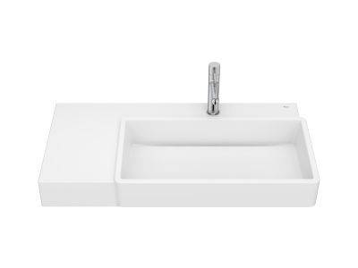Lavoar asimetric Roca Tura 80x43cm, orientare dreapta, fara orificiu preaplin, alb mat