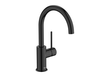 Baterie lavoar Roca NU L cu pipa inalta pivotanta, Cold Start, fara ventil, maneta pin, Titanium Black