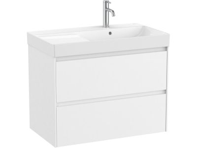 Set mobilier Roca Ona cu dulap baza cu doua sertare 80cm si lavoar asimetric orientare dreapta, alb mat