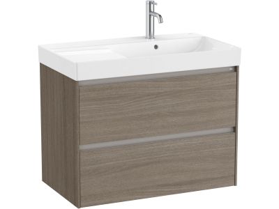 Set mobilier Roca Ona cu dulap baza cu doua sertare 80cm si lavoar asimetric orientare dreapta, ulm inchis