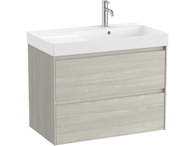 Set mobilier Roca Ona cu dulap baza cu doua sertare 80cm si lavoar asimetric orientare dreapta, stejar alb
