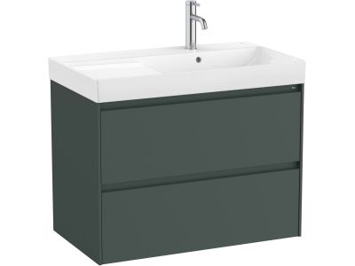 Set mobilier Roca Ona cu dulap baza cu doua sertare 80cm si lavoar asimetric orientare dreapta, verde mat