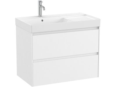 Set mobilier Roca Ona cu dulap baza cu doua sertare 80cm si lavoar asimetric orientare stanga, alb mat