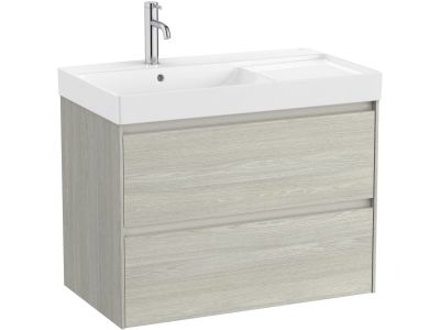 Set mobilier Roca Ona cu dulap baza cu doua sertare 80cm si lavoar asimetric orientare stanga, stejar alb