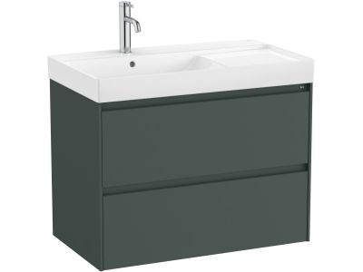 Set mobilier Roca Ona cu dulap baza cu doua sertare 80cm si lavoar asimetric orientare stanga, verde mat