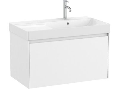 Set mobilier Roca Ona cu dulap baza cu un sertar 80cm si lavoar asimetric orientare dreapta, alb mat