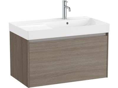 Set mobilier Roca Ona cu dulap baza cu un sertar 80cm si lavoar asimetric orientare dreapta, ulm inchis