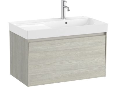 Set mobilier Roca Ona cu dulap baza cu un sertar 80cm si lavoar asimetric orientare dreapta, stejar alb