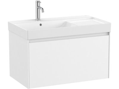 Set mobilier Roca Ona cu dulap baza cu un sertar 80cm si lavoar asimetric orientare stanga, alb mat