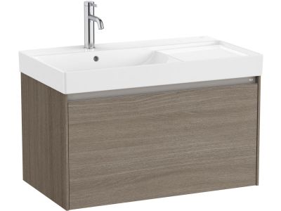 Set mobilier Roca Ona cu dulap baza cu un sertar 80cm si lavoar asimetric orientare stanga, ulm inchis