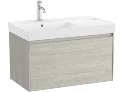 Set mobilier Roca Ona cu dulap baza cu un sertar 80cm si lavoar asimetric orientare stanga, stejar alb