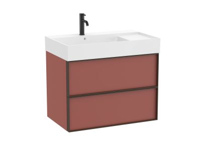 Set mobilier Roca Inspira cu lavoar orientare stanga si dulap baza cu doua sertare, 80cm, rosu terracota