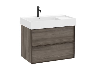 Set mobilier Roca Inspira cu lavoar orientare stanga si dulap baza cu doua sertare, 80cm, maro magnolia