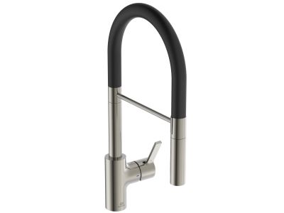 Baterie bucatarie Ideal Standard Gusto semi-pro, 142mm, pipa flexibila cu dus, silver storm