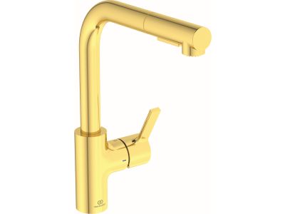 Baterie bucatarie Ideal Standard Gusto, 295mm, pipa extractibila L rotativa, brushed gold