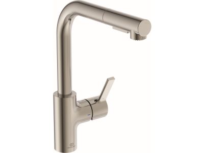 Baterie bucatarie Ideal Standard Gusto, 295mm, pipa extractibila L rotativa, silver storm