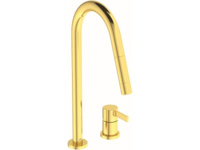 Baterie bucatarie Ideal Standard Gusto Round din 2 elemente, 242mm, dus extractibil, pipa R rotativa, brushed gold