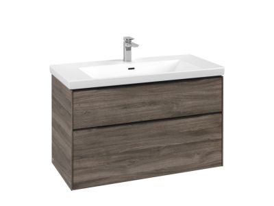 Dulap baza suspendat Villeroy & Boch Subway 3.0 973x576x478 mm cu doua sertare, Stone Oak, maner Volcano Black