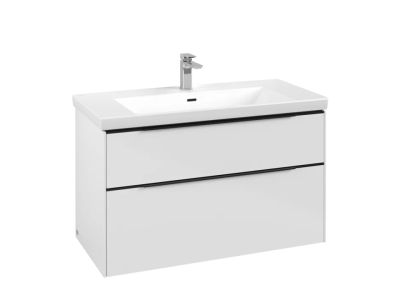 Dulap baza suspendat Villeroy & Boch Subway 3.0 973x576x478 mm cu doua sertare, Brilliant White, maner Volcano Black