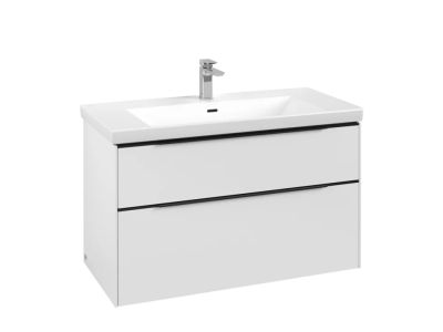 Dulap baza suspendat Villeroy & Boch Subway 3.0 973x576x478 mm cu doua sertare, Pure White, maner Volcano Black