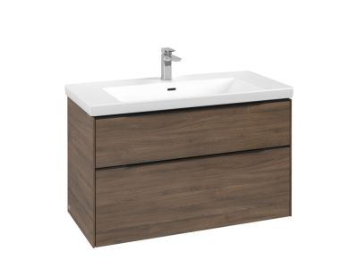 Dulap baza suspendat Villeroy & Boch Subway 3.0 973x576x478 mm cu doua sertare, Arizona Oak, maner Volcano Black