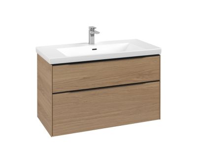 Dulap baza suspendat Villeroy & Boch Subway 3.0 973x576x478 mm cu doua sertare, Nordic Oak, maner Volcano Black
