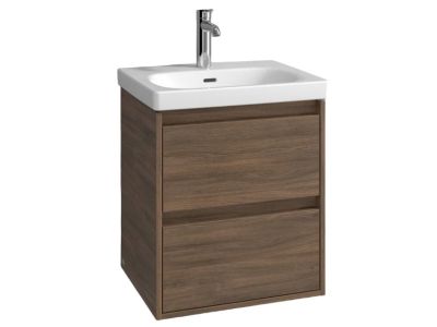 Set mobilier Villeroy & Boch Skyla cu lavoar 55x44.5cm, TitanCeram, alb si dulap cu 2 sertare, 522x596mm, Arizona Oak