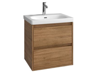 Set mobilier Villeroy & Boch Skyla cu lavoar 60x46cm, TitanCeram, alb si dulap cu 2 sertare, 572x596mm, Oak Kansas