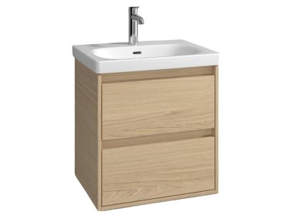 Set mobilier Villeroy & Boch Skyla cu lavoar 60x46cm, TitanCeram, alb si dulap cu 2 sertare, 572x596mm, Nordik Oak