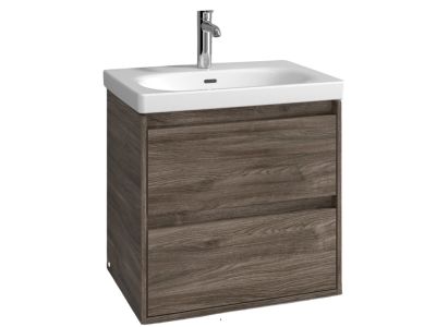 Set mobilier Villeroy & Boch Skyla cu lavoar 65x46cm, TitanCeram, alb si dulap cu 2 sertare, 622x596mm, Stone Oak