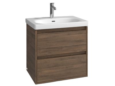 Set mobilier Villeroy & Boch Skyla cu lavoar 65x46cm, TitanCeram, alb si dulap cu 2 sertare, 622x596mm, Arizona Oak